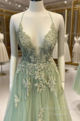 V Neck A Line Green Tulle Long Semi Formal Prom Dresses With Applique